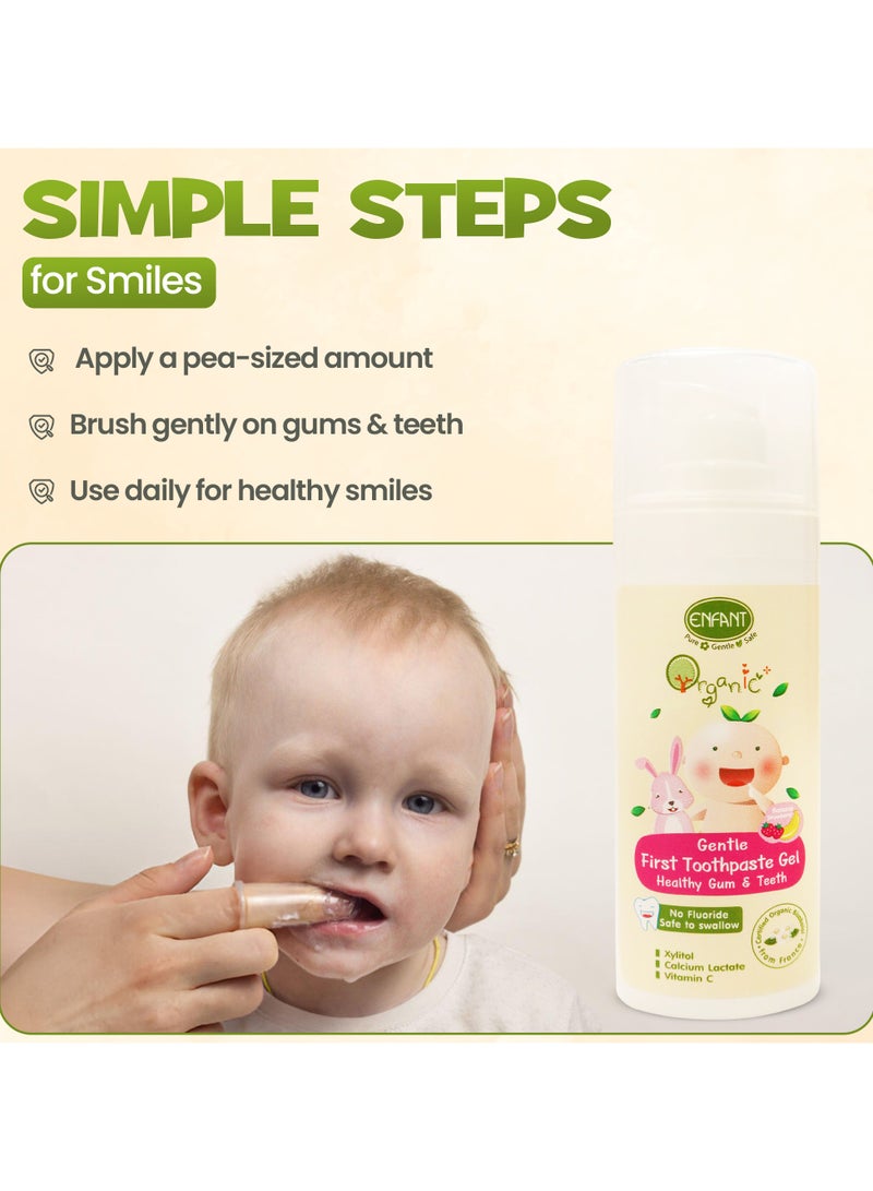 ENFANT Organic Plus Gentle First Toothpaste Gel 6 Month Plus 30ML Gentle First Toothpaste Gel Healthy Gum & Teeth Banana & Strawberry Baby Toothpaste Gel Infant & Toddler Oral Care With Free Silicone Tooth Brush Fluoride Free, Paraben Free, Color & Dye Free, Saccharin Free, Sugar Free, SLES & SLS Free Certified Organic Bisabolol From France - Image 3